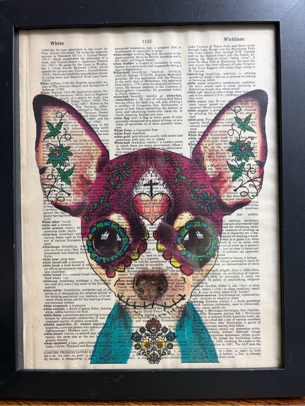 Framed Sugar Skull Chihuahua Dictionary Page Art Gothic Halloween 12.5x10